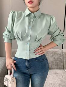 Celisse Solid Color Ruched Bust Waist-Cinching Casual Commuter Women's Long Sleeve Blouse - Green - View 6