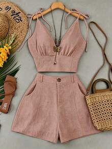 SHEIN Franclia Casual Camisole Crop Top And Shorts Set - Dusty Pink - View 3