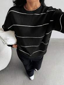SHEIN Teen Girl Loose Casual Minimalist Comfortable Striped Pullover Sweater, Versatile Thick Warm Knitwear For Autumn/Winter - Black and White - View 5