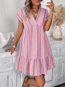 SHEIN LUNE Pink And White Striped Print V-Neck Women's Short Dress Beach Vacation Summer Boho Jamican Sexy - Multicolor - View 3