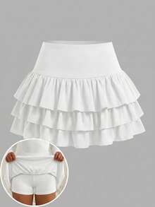 SHEIN Girlism 青少年女孩休閒運動學院風返校穿搭 白色內建內搭褲雙層荷葉邊蛋糕迷你裙 Spsurprise Box [隨機 5 套，發送 1 套] - 白色 - 查看 3