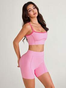 SHEIN Sovereign Charm 女款拼色短版細肩帶背心上衣與短褲運動套裝 - 彩色 - 查看 4
