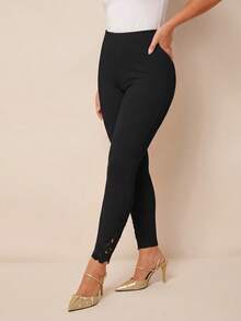 SHEIN PETITE CURVE 女款純色彈性腰休閒內搭褲 - 黑色 - 查看 4