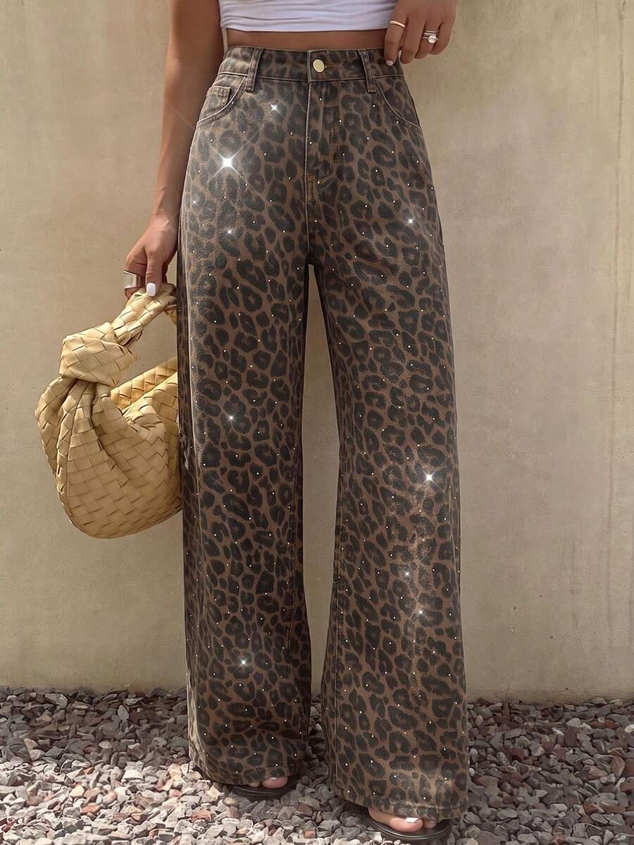 SHEIN EZwear 女款豹紋印花鈕扣口袋休閒牛仔褲 2000s 90s 日常穿搭 夏季夜生活 灰色豹紋 - 棕色 - 查看 1