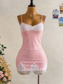 Ure Wave This Women's Blush Pink Sequined Mini Dress, Trimmed With Lace, Is Ideal For A Beach Night Out Vacation Or Party. Summer Sexy - Baby Pink - View 5