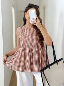 SHEIN LUNE 大尺碼女款格紋圓領荷葉邊下擺休閒背心 - 彩色 - 查看 4