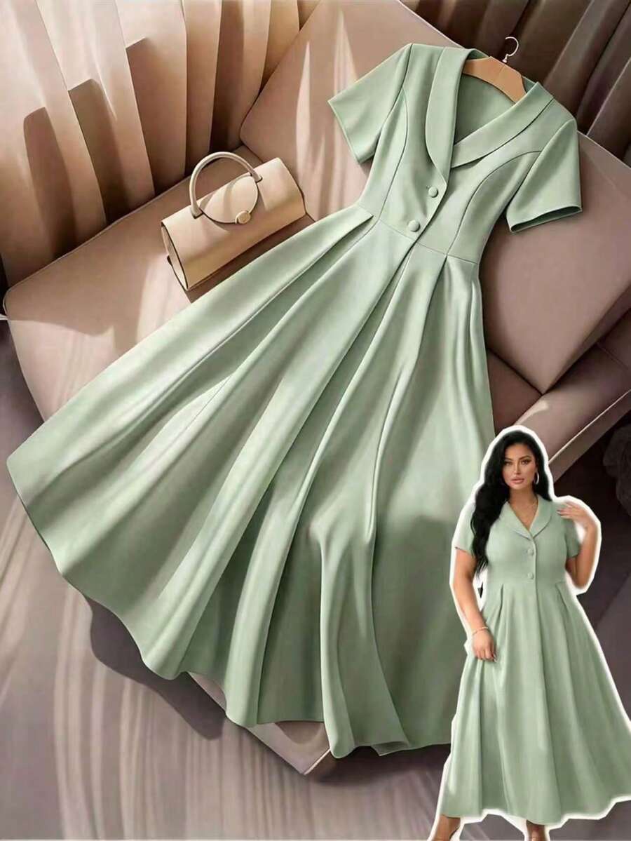 Elenzga 大码女士优雅短袖纽扣装饰腰部A字连衣裙,适合夏季通勤、办公、毕业典礼、假期、情人节、音乐节、母亲节、万圣节、感恩节、复活节、国庆节、舞会、约会、派对、婚礼、户外活动等场合。 - 綠色 - 查看 1