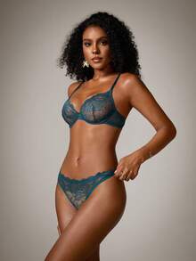 DreamPoppy 1 Set Women's Solid Color Lace Wireless Comfortable Lingerie Set - Dark Green - View 6