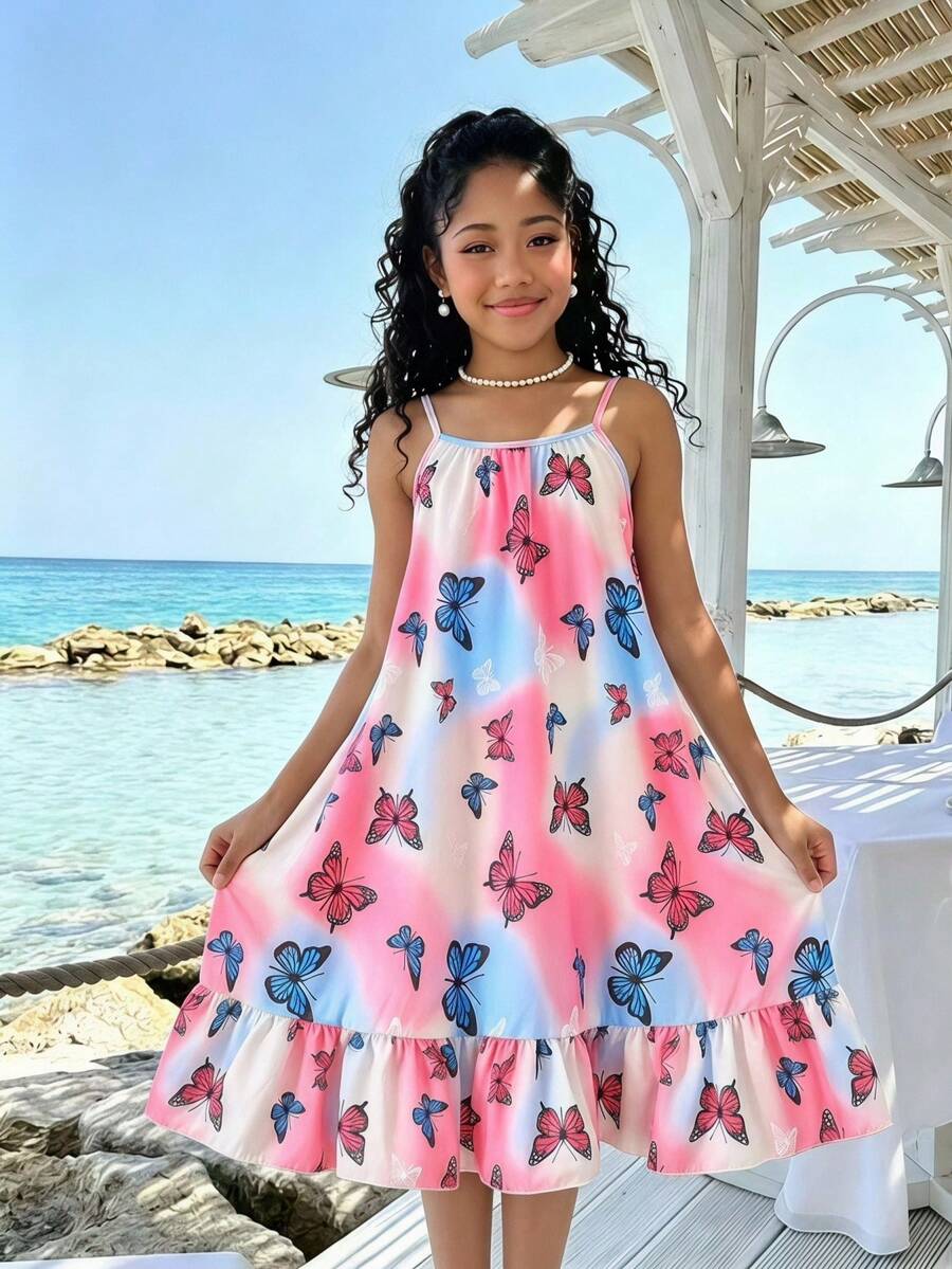 SHEIN Sparklyn Đầm đi nghỉ mát thường ngày, in họa tiết sọc cầu vồng, không tay, viền bèo, dành cho bé gái tuổi teen. - Nhiều màu - Xem 1