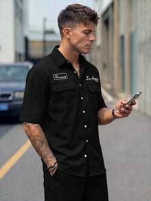 Sorvial 大码男士休闲宽松工装口袋衬衫，纽扣前开襟短袖衬衫，多口袋设计衬衫，都市休闲风格，百搭实用，适合送礼，男友礼物 - 黑色 - 查看 6