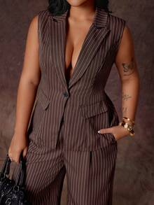 Rustia Plus Size Women's Elegant Commuter Striped 2 Pieces Set - Multicolor - View 7