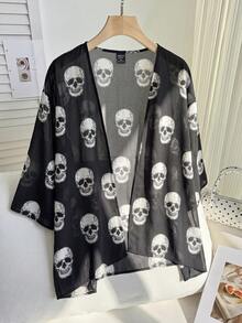 SHEIN EZwear 大尺碼女款骷髏印花短袖寬鬆夾克 - 黑與白 - 查看 8
