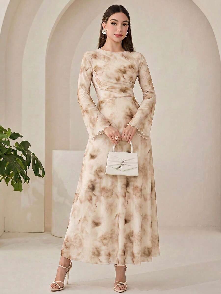 Veilorie 女款紮染圓領喇叭袖優雅長洋裝 - 彩色 - 查看 1