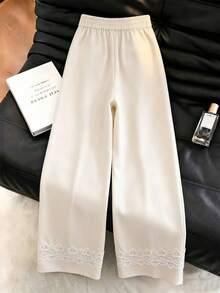 SHEIN Franclia 女士优雅法式梭织长裤，腰部饰有蝴蝶结和蕾丝花边，适合夏季海滩、度假和休闲穿着。 - 白色 - 查看 2