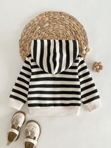 SHEIN Playful Pals 女嬰休閒紋理條紋保暖內裡連帽拉鍊外套，適合秋冬穿著 - 黑與白 - 查看 2