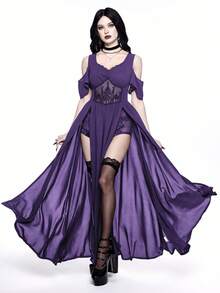 ROMWE Goth 哥特式刺绣镂空深V领露肩高开衩女式连衣裙 - 紫色 - 查看 8