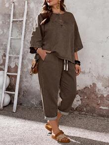 EMERY ROSE CURVE Plus Size Casual Washed Denim Top And Pants 2 Pieces Set - Brown - View 5