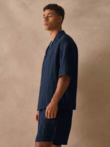 Musero Se vende como un conjunto de camisa corta abotonada de manga corta y pantalones cortos, esenciales de primavera y verano - Azul Marino - Ver 3