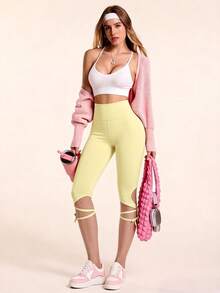 SHEIN Sovereign Charm 女款素色高腰休閒百搭日常穿著運動緊身內搭褲 - 黃色 - 查看 3