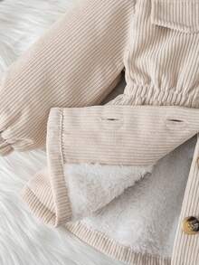 SHEIN 女嬰秋冬可愛百搭編織燈芯絨拼接保暖內裡翻領外套，適合秋冬穿著 - 杏色 - 查看 4