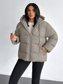 EURMUSE Solid Color, Zip Up, Hooded Autumn Winter Coat Everyday Travel Grey Casual - Beige - View 5