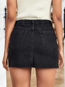 EMERY ROSE Plus Size Women's Casual Denim Mini Skirt With Pockets - Black - View 2