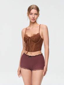 Bonmuse French Retro Brown Lace Halter Corset, Fishbone Waist Cincher Bust Enhancer Sexy Corset - Brown - View 4