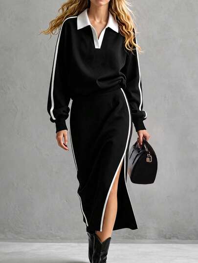 Balvessa Setelan 2 Potong Kasual untuk Wanita: Sweatshirt Longgar dengan Kerah Polo Warna Kontras dan Garis Putih di Samping + Rok Midi dengan Belahan Samping, Cocok untuk Perjalanan Santai, Streetwear, Olahraga Santai, dan Makan di Luar.
