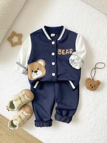 SHEIN Playful Pals 2件組男嬰運動簡約字母與熊圖案夾克外套＋純色長褲套裝，休閒日常穿著 - 藏蓝色 - 查看 4