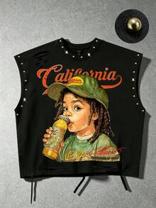 ROMWE MEN Casual Fashion New Men's Character Print Heavy Work Streetwear Style Tank Top Suitable For Daily Wear - Black - View 5