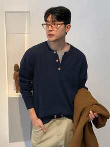 DAZY Men's Navy Blue Long Sleeve Crew Neck 2 In 1 Ribbed Hem Sweater Winter - Navy Blue - View 3