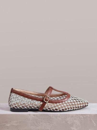 Styleloop Women's Shoes, New Woven Mat Mesh, Breathable T-Shaped Decoration, Low Vamp, Small Square Toe, Casual, Comfortable, Versatile And Elegant, Women