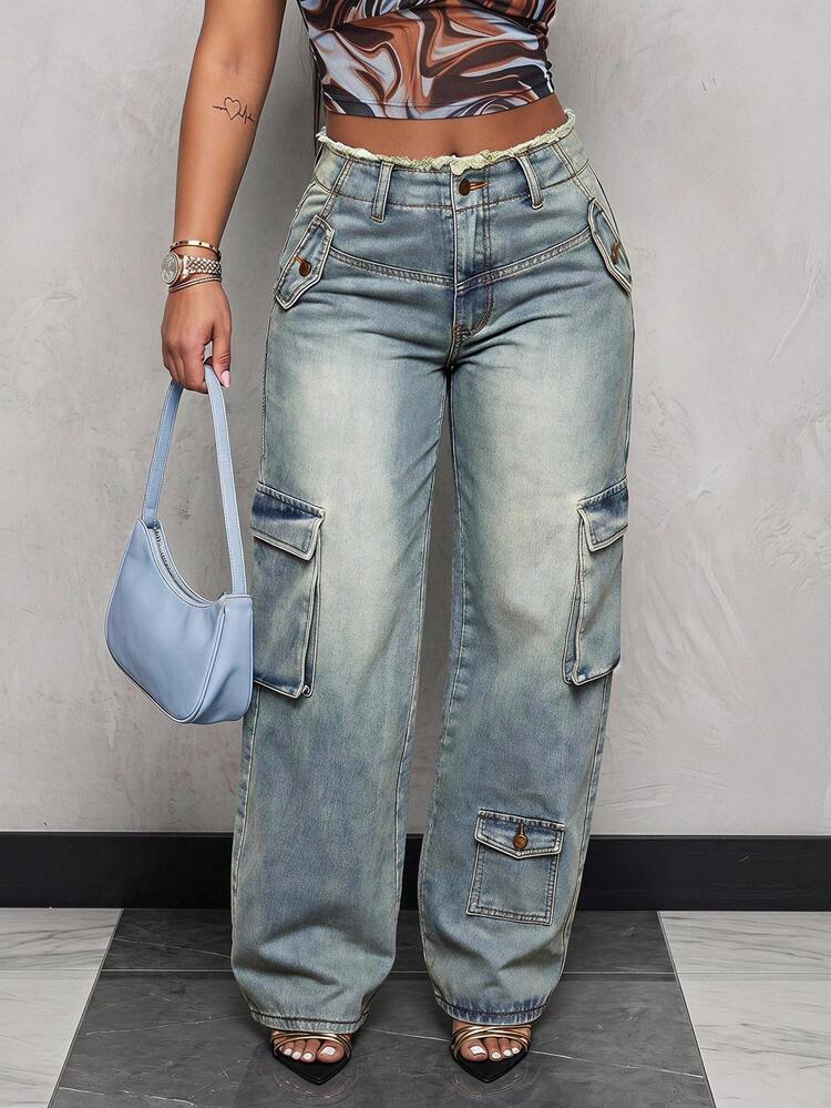 Slaydiva Jeans cargo holgados y casuales con cintura deshilachada para mujer de talla grande - Azul - Añade 5