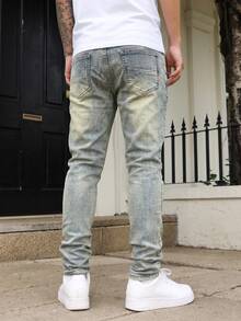 Manfinity EMRG Men's Vintage Washed Blue Distressed Ripped Denim Jeans, Slim Fit Stretch Long Pants - Light Wash - View 2