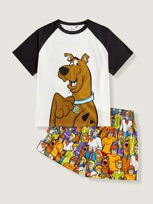 SCOOBY-DOO X SHEIN Bộ đồ ngủ tay ngắn in hình chó hoạt hình màu tương phản thoải mái cho nam cỡ lớn, mùa hè, mùa thu - Đen và trắng - Xem 1