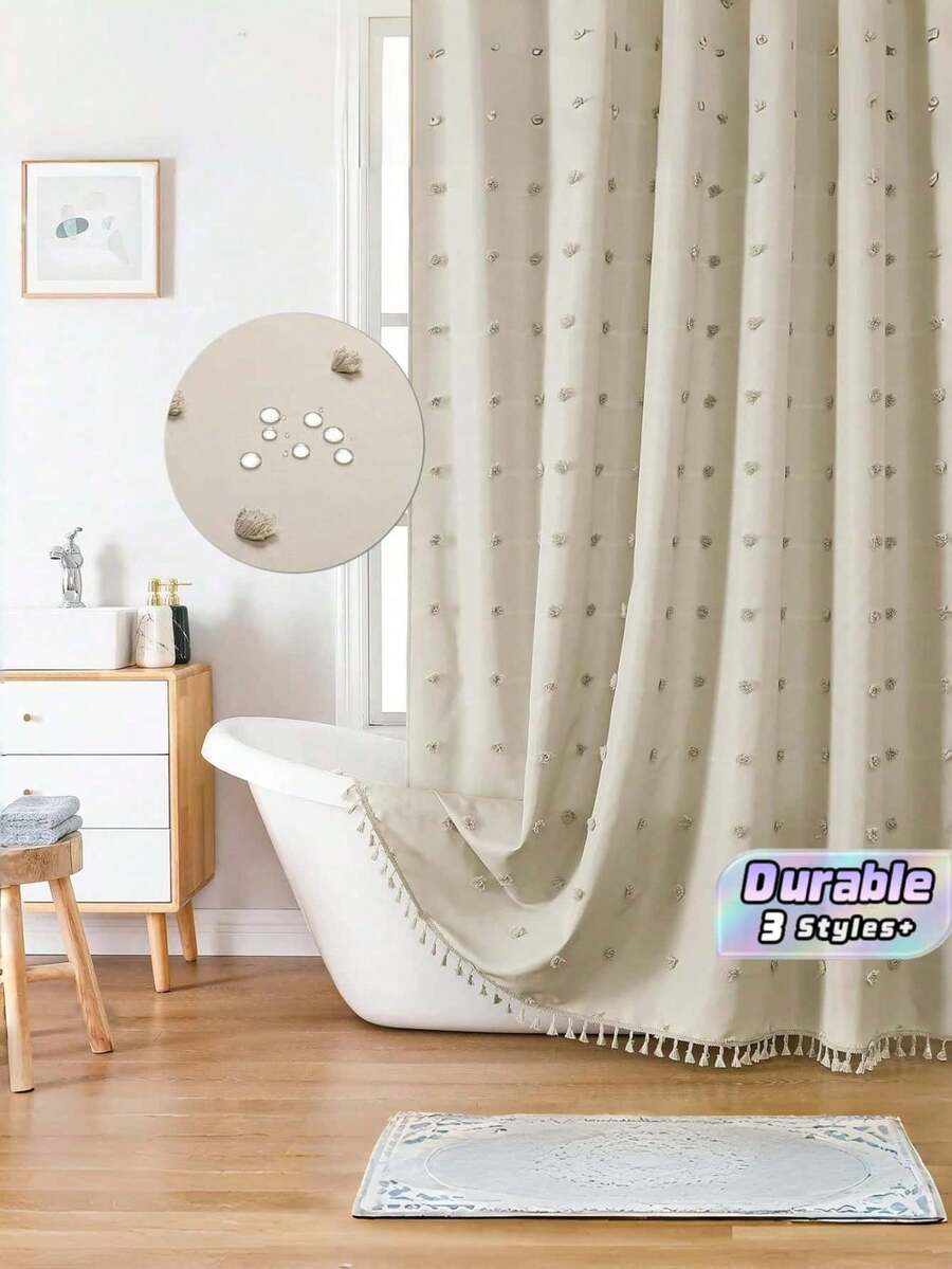 1 Piece Standard Size Waterproof Thick Polyester Tufted Hydrangea Shower Curtain Three Dimensional Cut Flower Decorative Mold Resistant Quick Dry Lightweight Solid Neutral Tone Bathroom Divider For Home Restroom Daily Bathing Space Trending - Beige - View 1