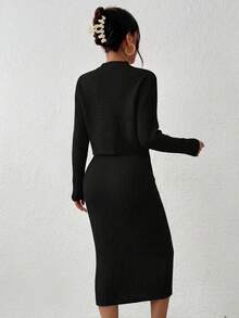 Cotton Women's Stand Collar Ribbed Top And Skirt Set - Black - View 2
