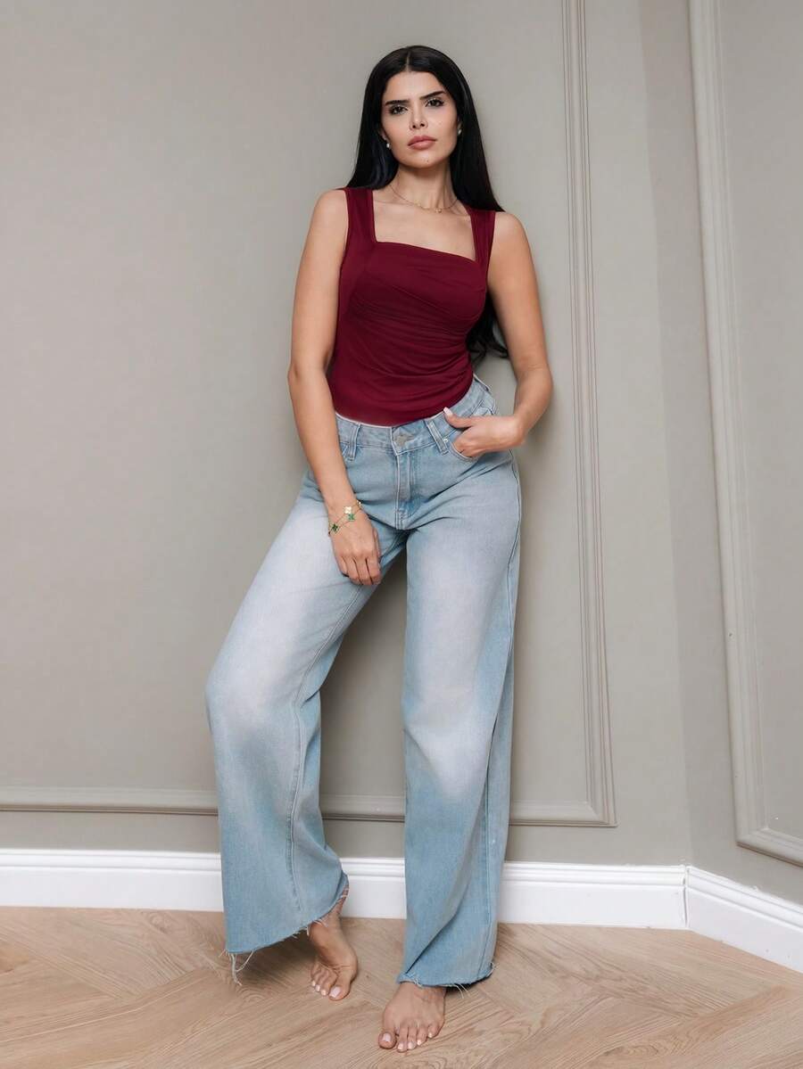 Hindelle Women Elegant Casual Solid Color Pleated Fitted Crew Neck Tank Top Summer - Burgundy - View 1