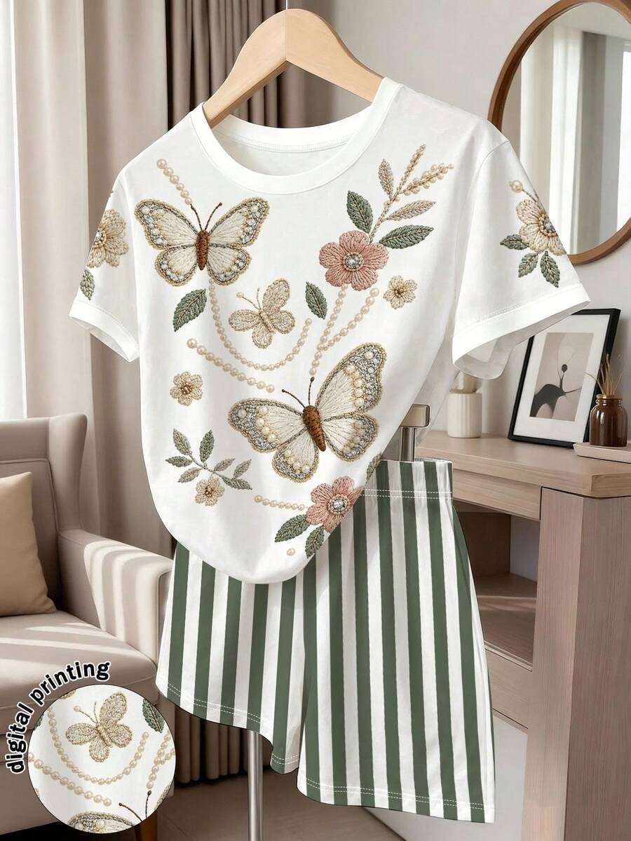 SHEIN Autumn Girls Casual Fashion Creative Floral & Butterfly Pattern Daily Style Comfortable Short Sleeve T-Shirt Set, Suitable For Girls To Wear Comfortable Summer/Autumn Style, Simple Daily Style Outfit - Multicolor - View 1