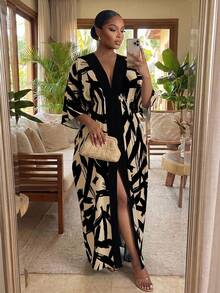 SHEIN Lady Plus Size Fashion Vacation Print Colorblock Slit Dress - Khaki - View 4