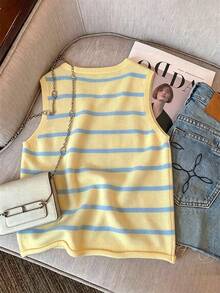 Muvela Casual Preppy Blue And Yellow Base With Stripes Back-To-School Versatile Women's Sweater Vest Suitable For Autumn And School - Multicolor - View 2