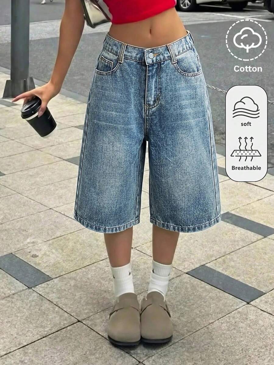 SHEIN Tween女孩復古水洗藍色牛仔寬鬆寬腿長褲 10Y 海灘 Y2K 藍色 夏秋 日 婚禮 - 中等水洗藍 - 查看 1