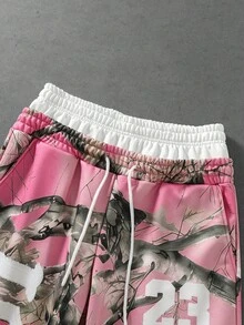 ROMWE MEN Men's Letter Print Hoodie And Drawstring Waist Long Pants Set - Pink - View 7