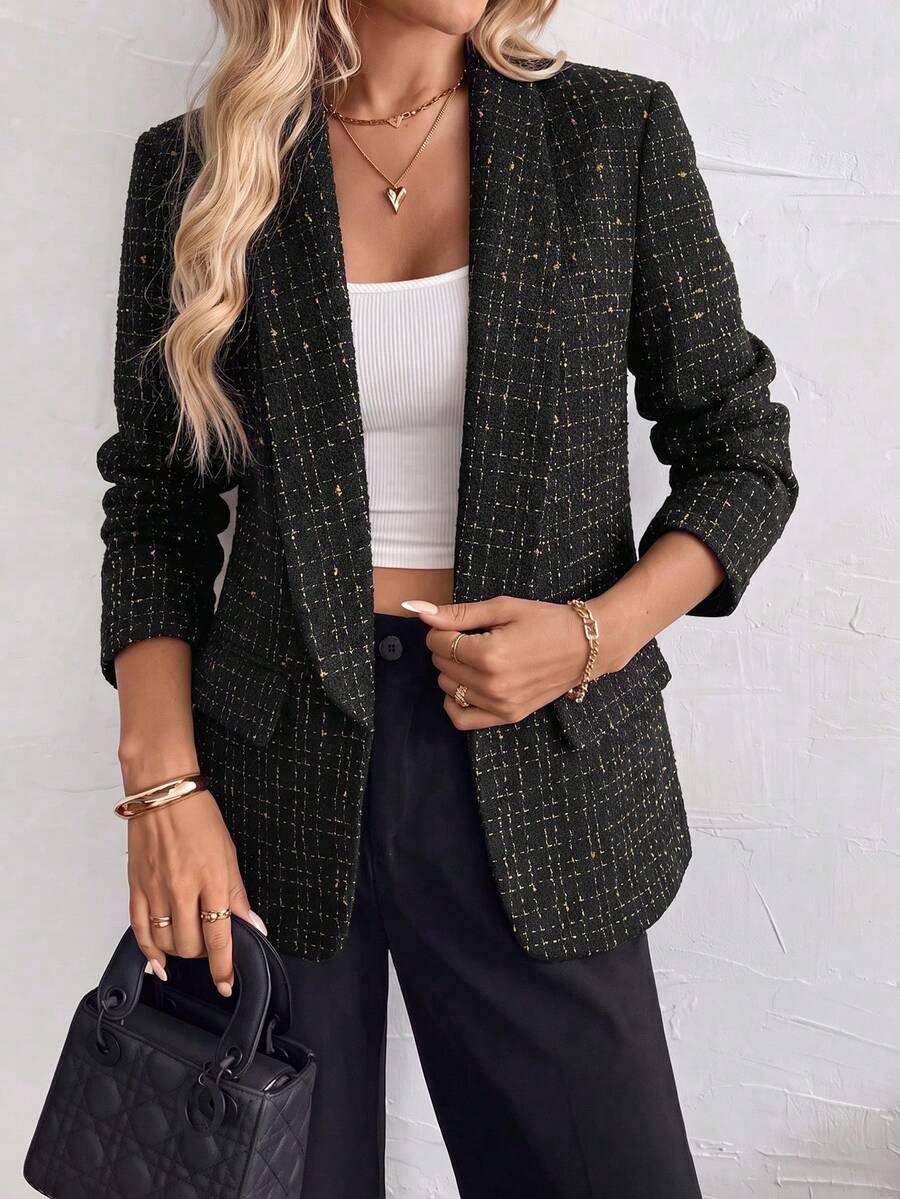 SHEIN LUNE Women's Plaid Fashion Versatile Commute & Travel Long Sleeve Blazer - Black - View 1