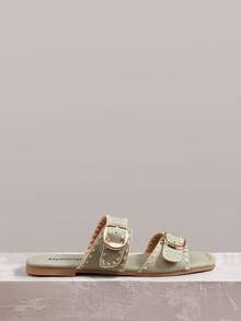 Styleloop Women Shoes Spring And Summer New Models, Multi-Color Embroidered Edge Square Toe Double Buckle With Flat Bottom Sandals, Retro Casual Style - Light green - View 2
