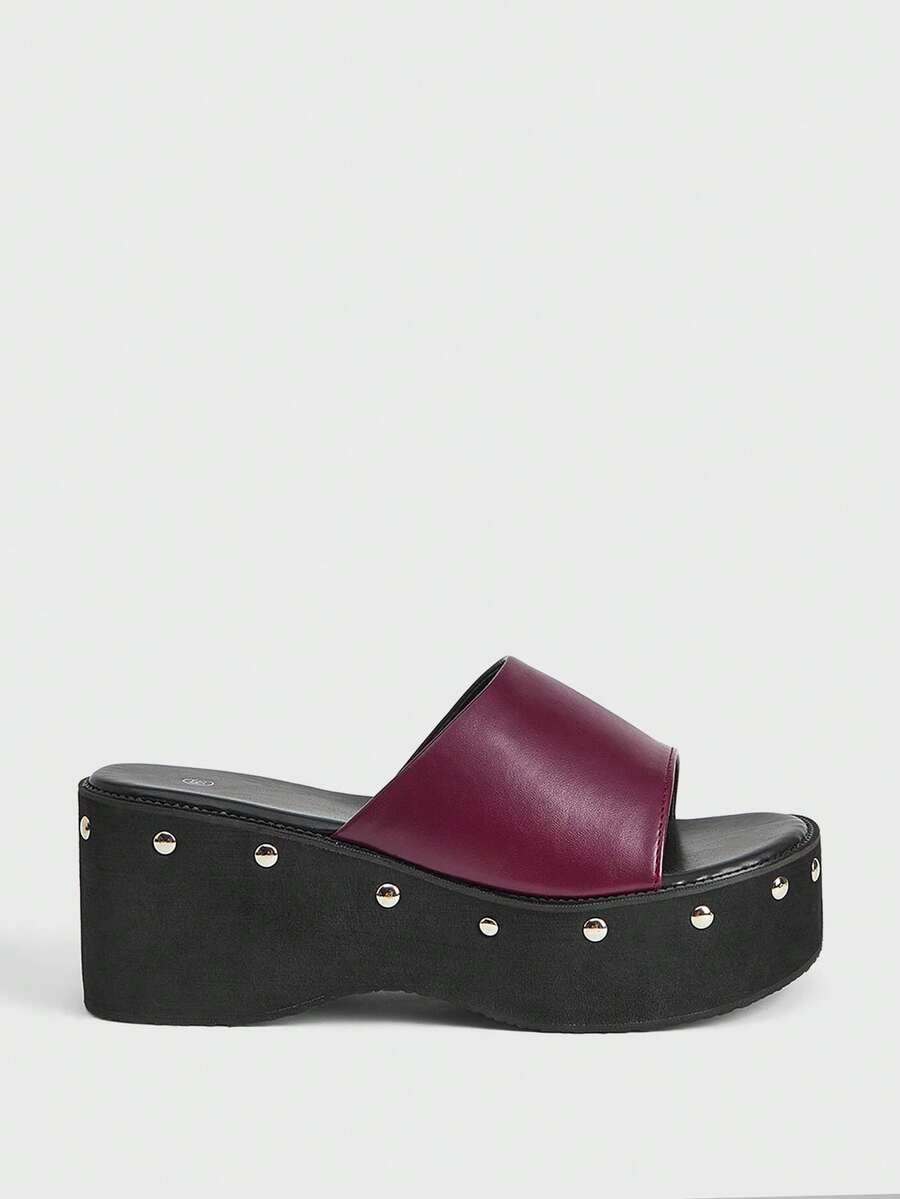 Sugerpunk Pantuflas de mujer de punta abierta con suela gruesa y remaches estilo locomotora - Burdeos - Ver 1