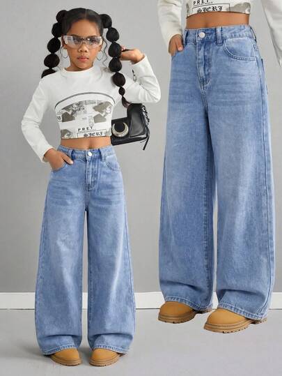 SHEIN Flickors vintage blå denim lösa långbyxor med låg midja