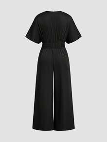 Sweetra Plus Size Deep V-Neck Pleated Short Sleeve Jumpsuit With Faux Pearl Buttons, Straight Leg Pants, Elegant Traditional Retro French Style, Black Summer - Black - View 2