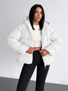 EURMUSE Solid Color, Zip Up, Hooded Winter Coat - White - View 4