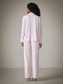 DreamPoppy 2pcs Women Lapel Button Down Long Sleeve Top + Elastic Waist Pants Pajama Set - Pink - View 3